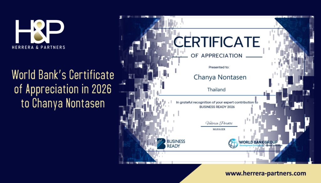 World Bank’s Certificate of Appreciation in 2026 to Chanya Nontasen Herrera and Partners H&P Corporate law firm for doing business in Thailand