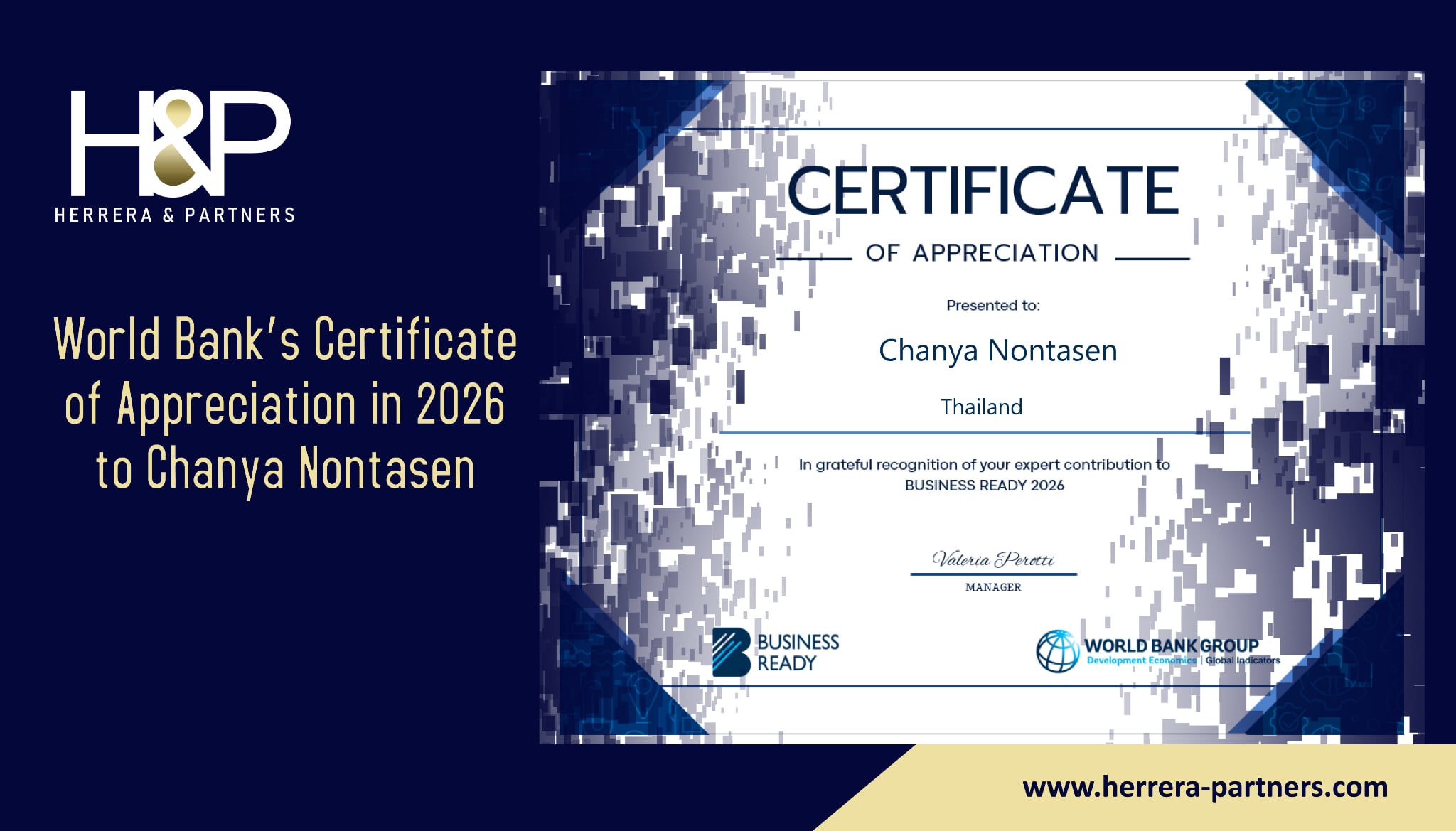 World Bank’s Certificate of Appreciation in 2026 to Chanya Nontasen Herrera and Partners H&P Corporate law firm for doing business in Thailand